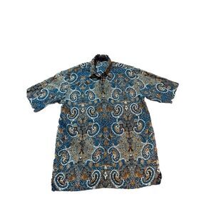SINGAPORE Collection Button Shirt Men Brown Blue Celestial Tribal Geometry Large